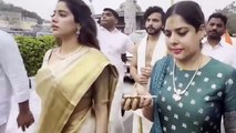 Janhvi Kapoor stuns in golden saree as she visits Tirumala Temple with Shikhar Pahariya