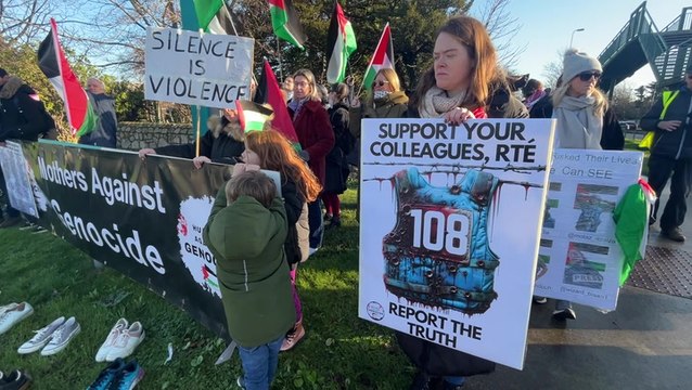 Mothers Against Genocide protest RTE’s Gaza coverage in Dublin