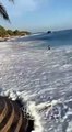 Un surfeur ravagé par une grosse vague en bord de plage