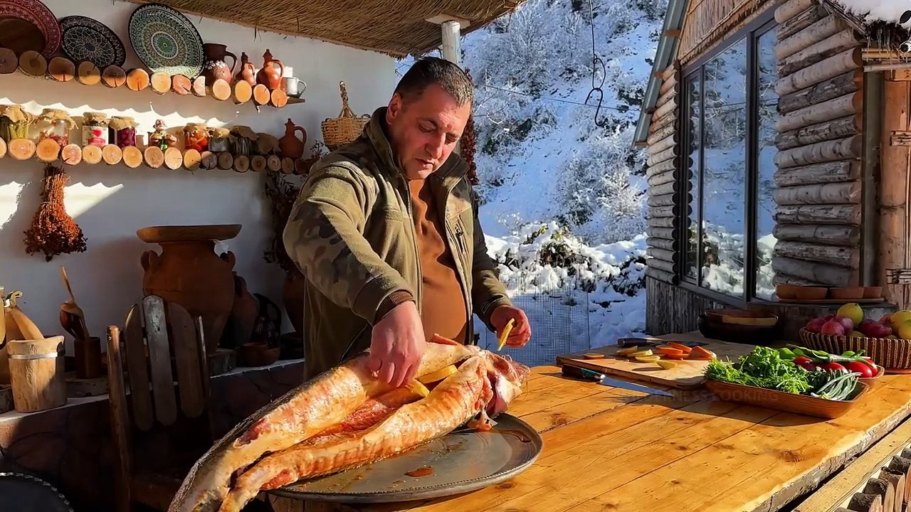 A Giant  Roasted Sturgeon Under A Barrel In A Bonfire! Dinner In A Snowy Village