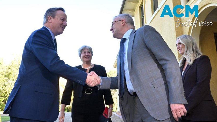 Defence Minister Richard Marles welcomes UK counterpart Grant Shapps and David Cameron. Video via AAP.