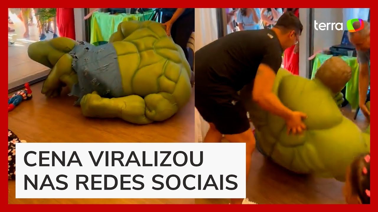 Hulk assusta crianças ao tropeçar e cair em festa infantil no RJ