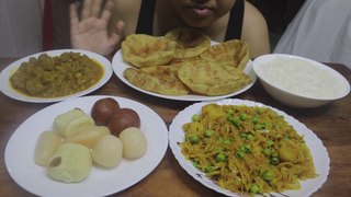 Eating Poori, Soyabean ki Sabji, Indian Sweets, Cabbage with Green Peas Dry, White Rice | Mukbang