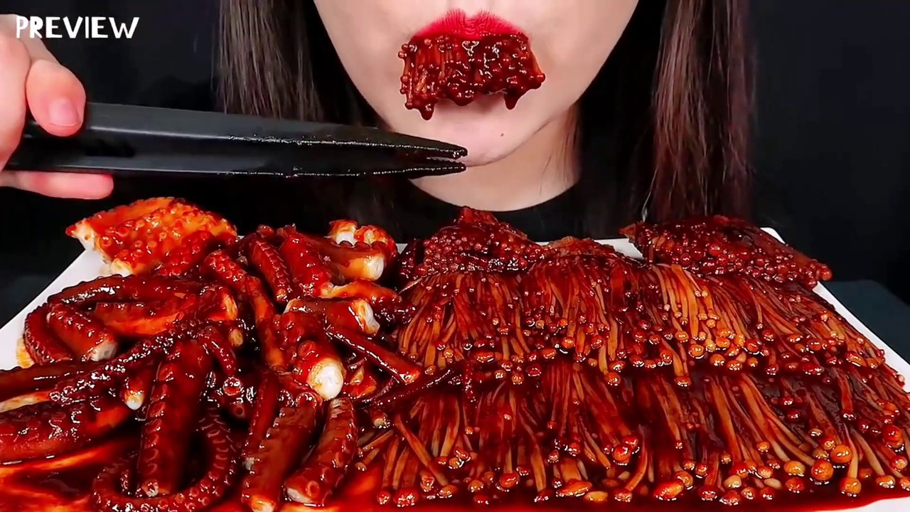 ASMR MUKBANG | SPICY SEAFOOD MUSHROOMS AND OCTOPUS EATING | FOOD VIBES ASMR | NO TALKING MUKBANG