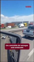 Caminhão tenta "pular" canteiro da BR 101 e fica embicado