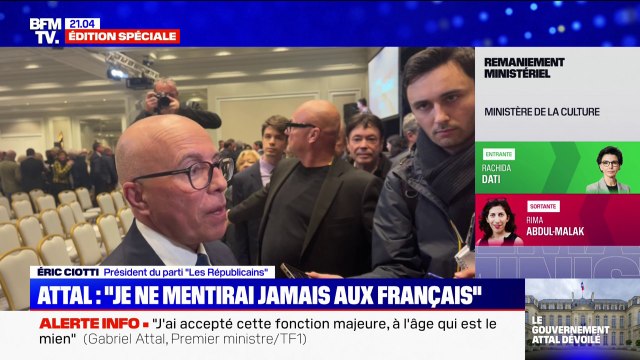 Rachida Dati nommée ministre de la Culture: Je regrette ce choix qui est totalement incompatible avec sa place dans notre famille politique , indique Éric Ciotti (président des Républicains)