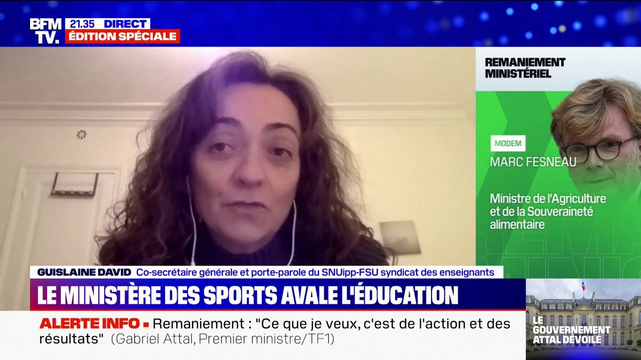 Amélie Oudéa-Castéra nommée ministre de l'Éducation nationale: "Elle ne pourra pas être à la fois sur le terrain des Jeux Olympiques et sur le terrain de l'école", affirme Guislaine David (SNUIpp-FSU)