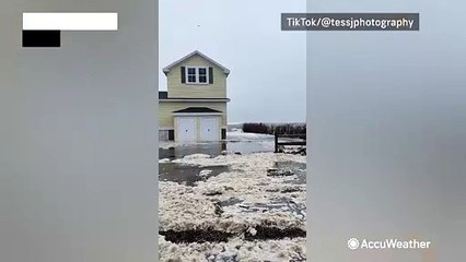 Messy sea foam piles up on Maine coast
