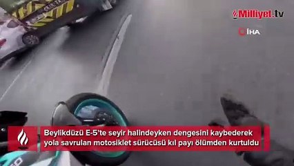 Beylikdüzü E-5'te motosiklet kazası: Yola savuruldu, kıl payı kurtuldu