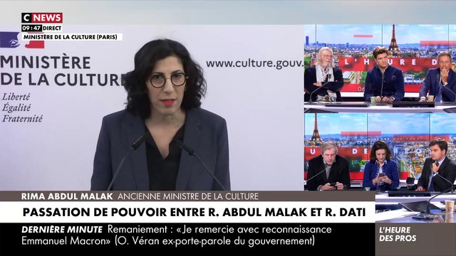 Revoir le discours de l’ex-ministre de la Culture Rima Abdul-Malak lors de la passation de pouvoir avec Rachida Dati