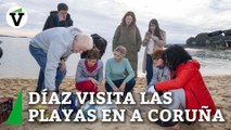 Yolanda Díaz visita Pobra do Caramiñal (A Coruña) para comprobar la llegada de péllets a las playas