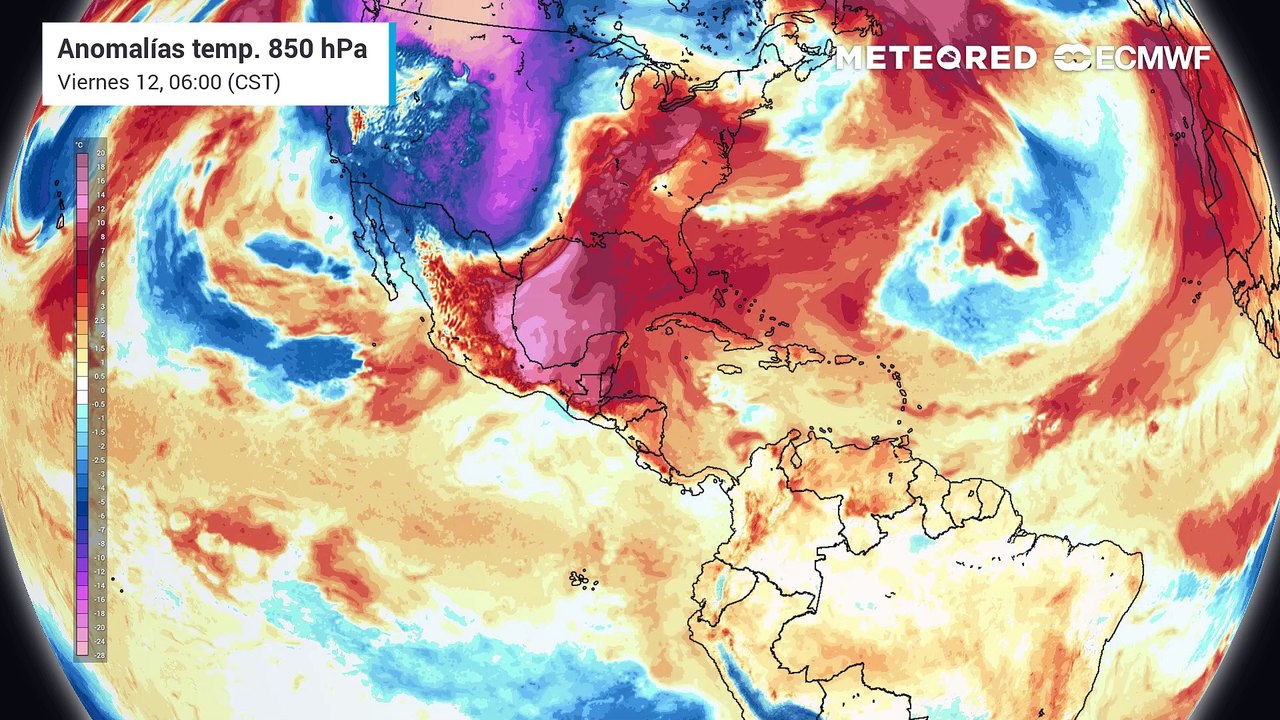 Anomalía de temperaturas, indicando la llegada de aire ártico