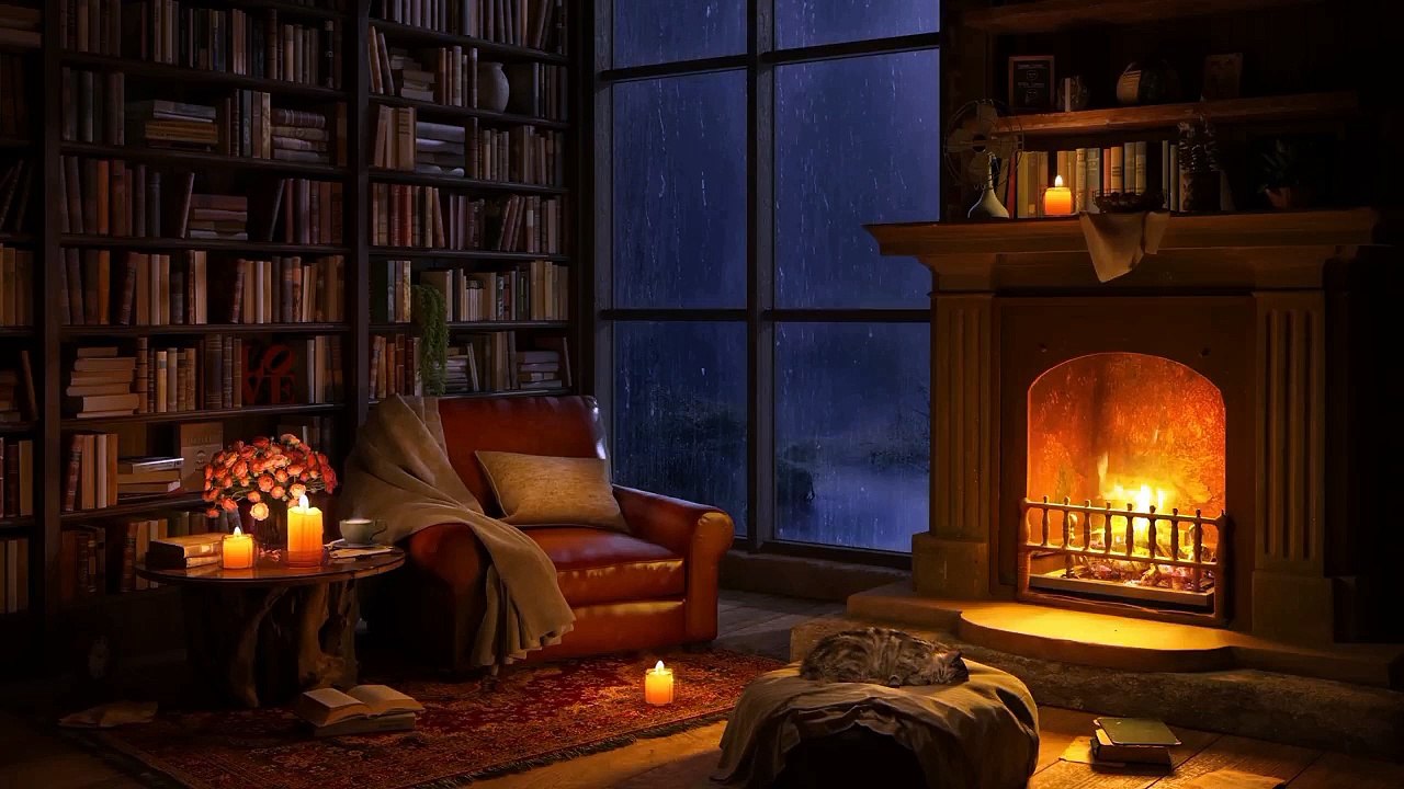 Cozy Reading Nook Ambience with Smooth Jazz Music - Rain on Window & Warm Fireplace Sounds for Sleep