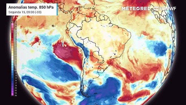 Anomalia de temperaturas em 850 hPa realça a atuação de massa de ar.