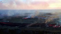 Buildings catch fire after Icelandic volcano erupts
