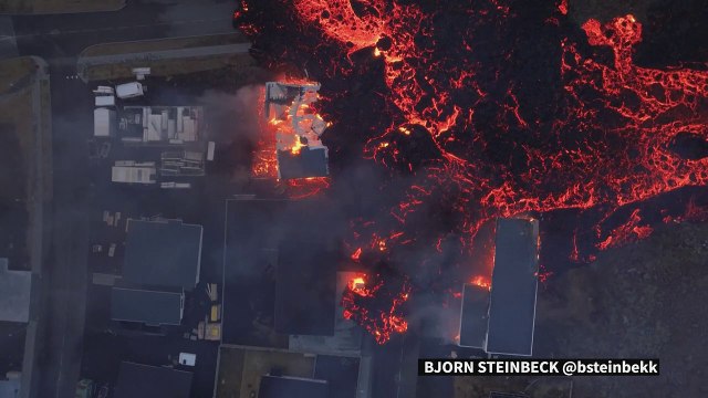 Iceland volcanic eruption flows into the town of Grindavik