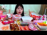 ASMR MUKBANG| Pink food from Convenience store(Strawberry, Carbonara Fire noodles, Tteokbokki)