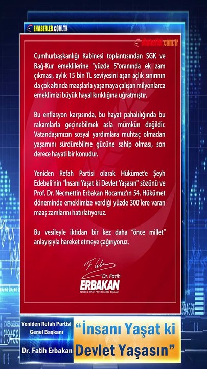 Yeniden Refah Partisi Genel Başkanı Dr. Fatih Erbakan: “İnsanı Yaşat ki Devlet Yaşasın”