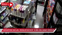 Kırtasiyede rafları, ürünleri boyayıp 10 bin lira zarar verdiler