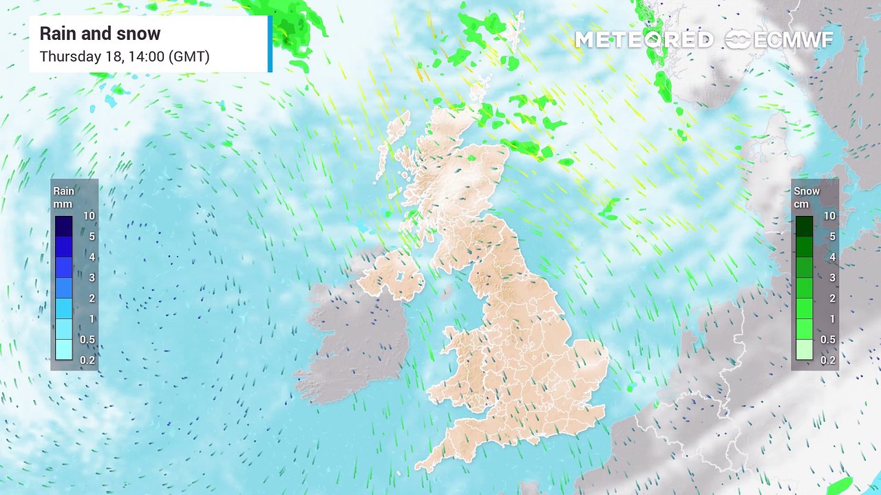 Rain and snow UK map from 18 Jan 2024