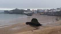 Snow falling on Tenby's North Beach this afternoon (January 18)