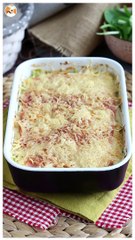 Lauchgratin mit schinken und käse