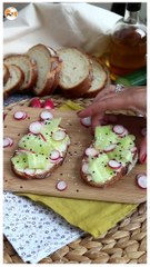 Cream cheese, cucumber, and radish toasts