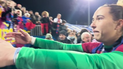 Cata Coll, líder de la fiesta del Barça con la afición en Butarque