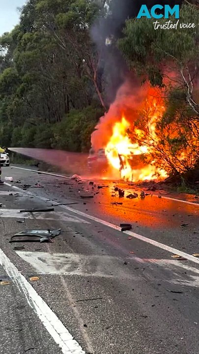 Three people in hospital after car bursts into flames from truck collision on Great Western Highway