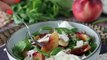 Süßer und herzhafter salat mit gerösteten pfirsichen, rucola und burrata