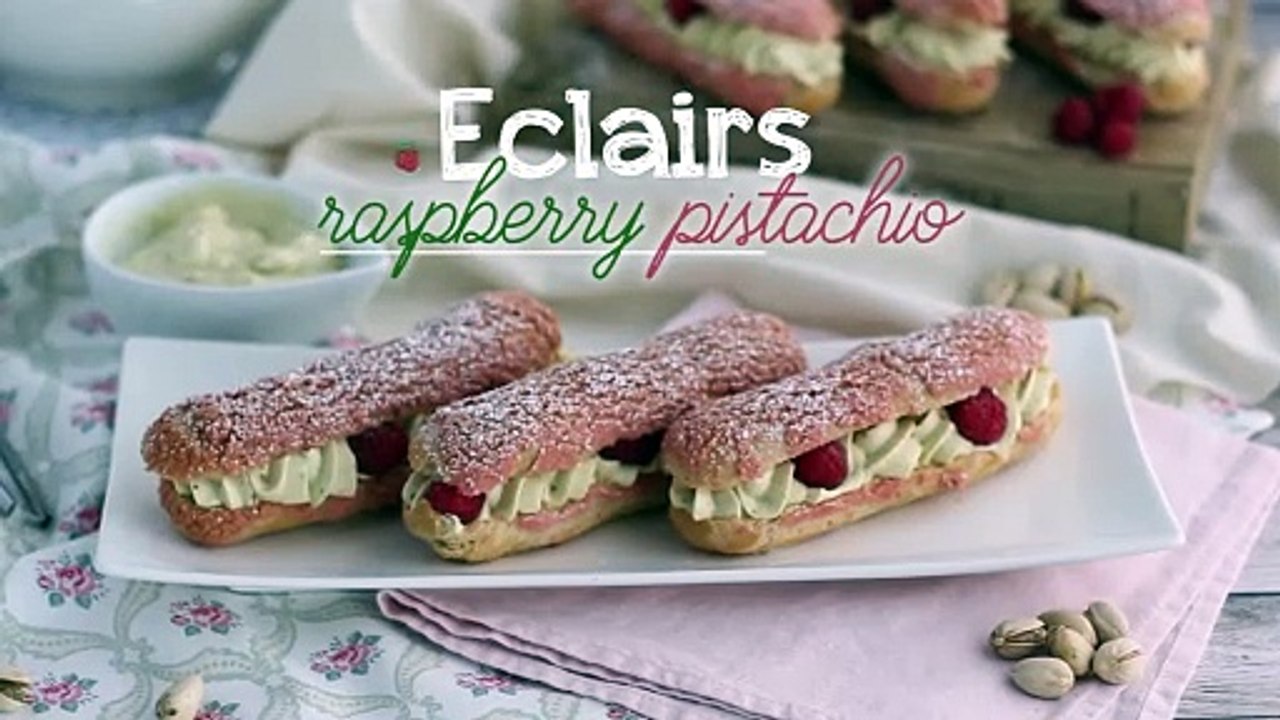 Pistachio and raspberry eclairs