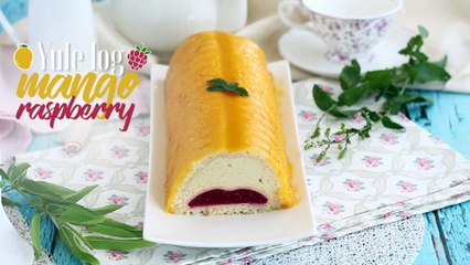 Mango and raspberry cake log