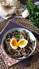 Rice noodles with mushrooms and their soft-boiled egg!