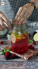 Homemade flavored water with lemon, basil and raspberry