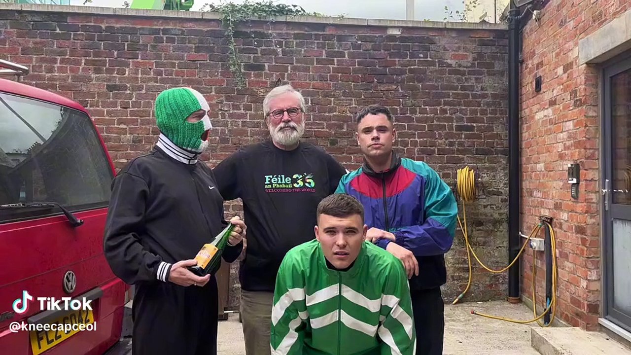 Belfast rap trio Kneecap promoting their 2023 Feile gig with Gerry ...