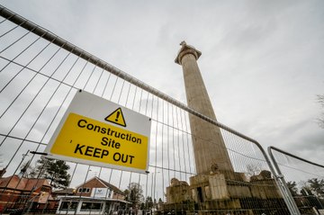 Workers check for falling debris at Shrewsbury's crumbling Lord Hill Column after Storm Jocelyn hits