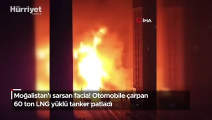 Moğolistan’da otomobile çarpan tanker patladı! Korku dolu anlar kamerada