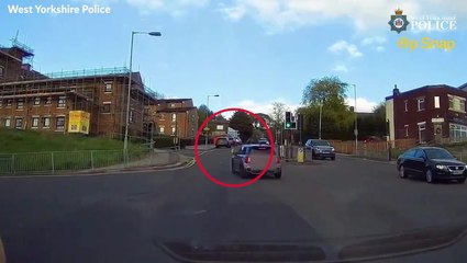Moment dog and owner nearly get run over by speeding driver