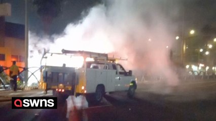 Moment emergency services battle to put out Metro fire