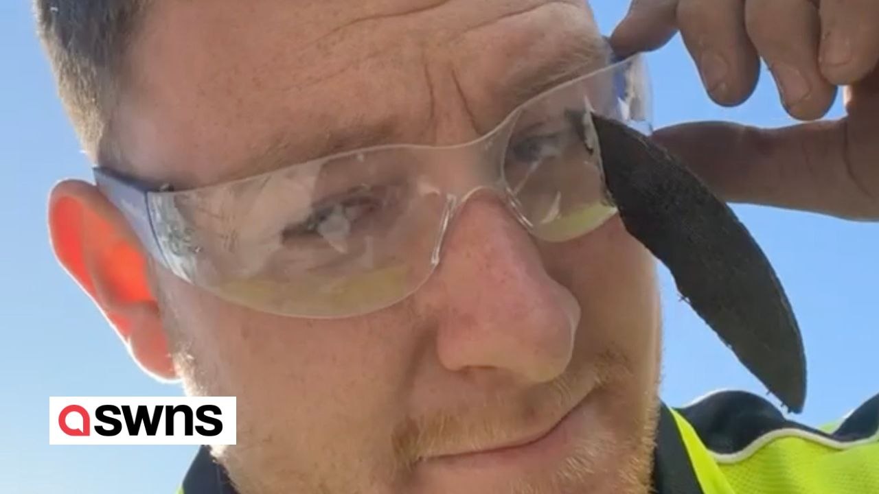 Die Winkelschleiferklinge eines Arbeiters bricht ab und bleibt in der Schutzbrille stecken