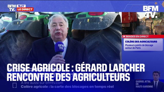 Saint-Arnoult : Gérard Larcher échange avec des agriculteurs qui bloquent l'autoroute