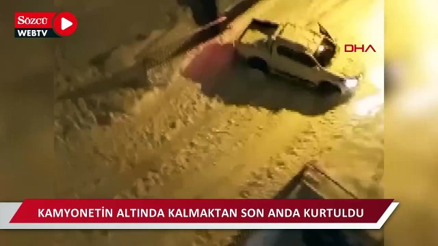 Buz pistine dönen yolda kayan kamyonetin altında kalmaktan son anda kurtuldu