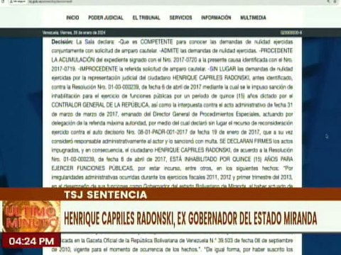 TSJ ratifica inhabilitación por 15 años para el ciudadano Henrique Capriles Radonski