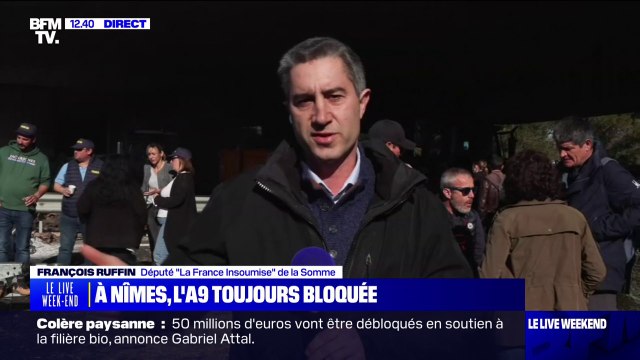 François Ruffin, député LFI de la Somme, en visite sur le point de blocage des agriculteurs sur l'A9, veut un cap pour l'agriculture française
