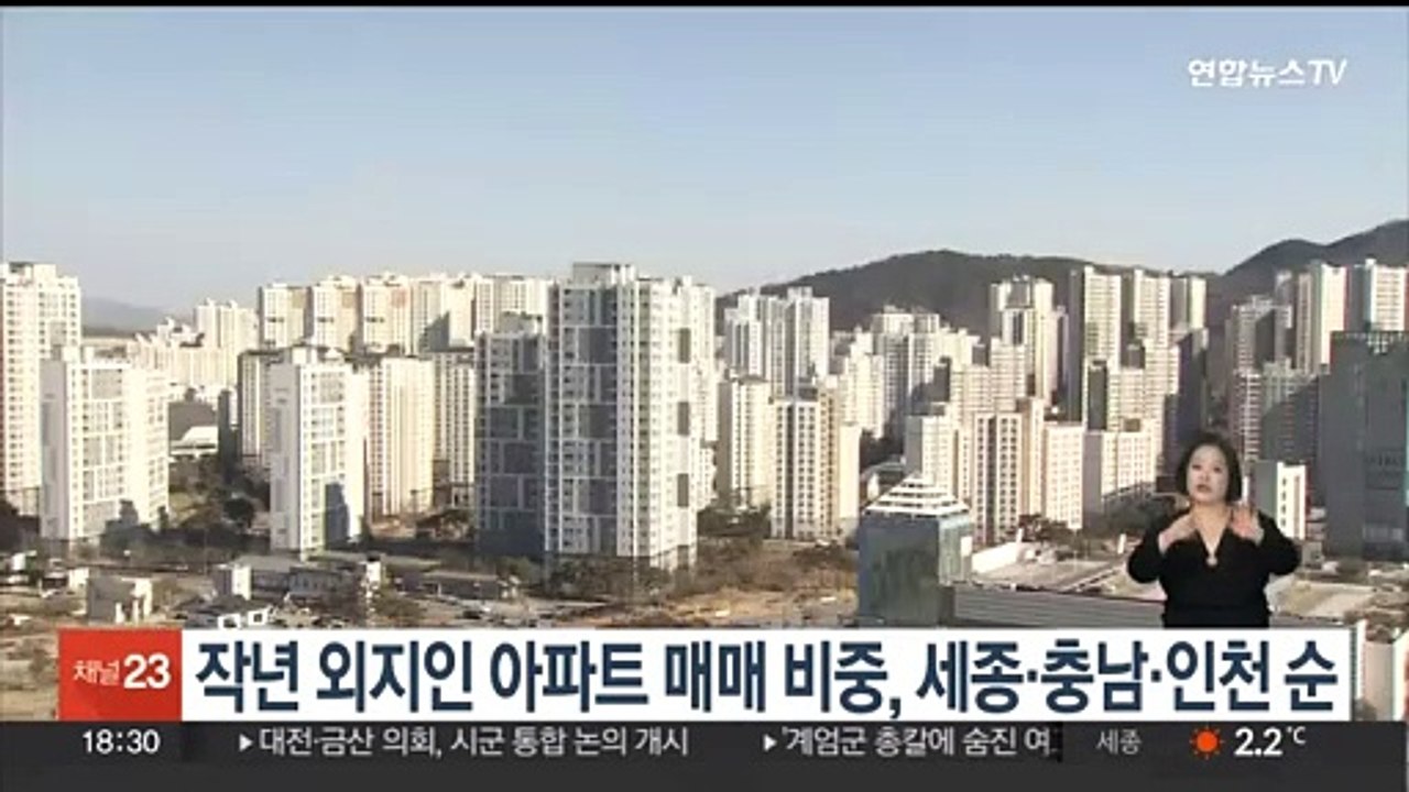 작년 외지인 아파트 매매 비중, 세종·충남·인천 순