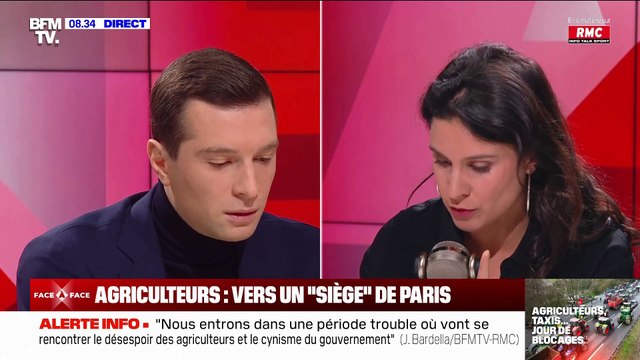 Crise des agriculteurs - Très vif échange entre Jordan Bardella, président du Rassemblement national, et Apolline de Malherbe sur RMC: Vous aussi, vous êtes complétement schizophrène ! - Regardez