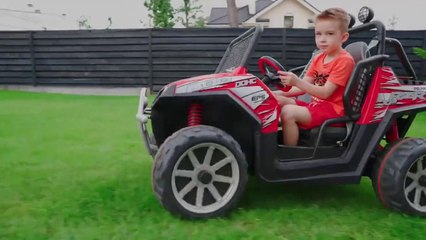 Young kids Ride on Car Toy and have funny adventures