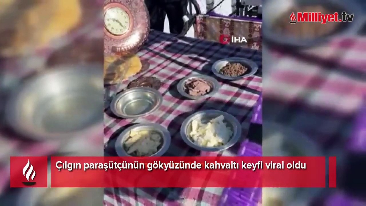 Çılgın paraşütçünün gökyüzünde kahvaltı keyfi viral oldu