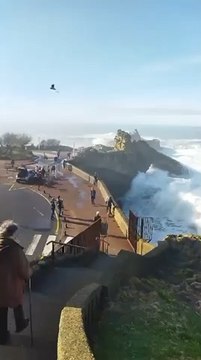 Grosse houle à #Biarritz Du coup, pas sûr qu’amati (mamie) continue sa promenade.. Plus de peur que de mal pour les promeneurs secoués par la vague! ️ janvier 2024 @surfingbiarritz #mauda #tourisme #biarritz #patrimoine #balade