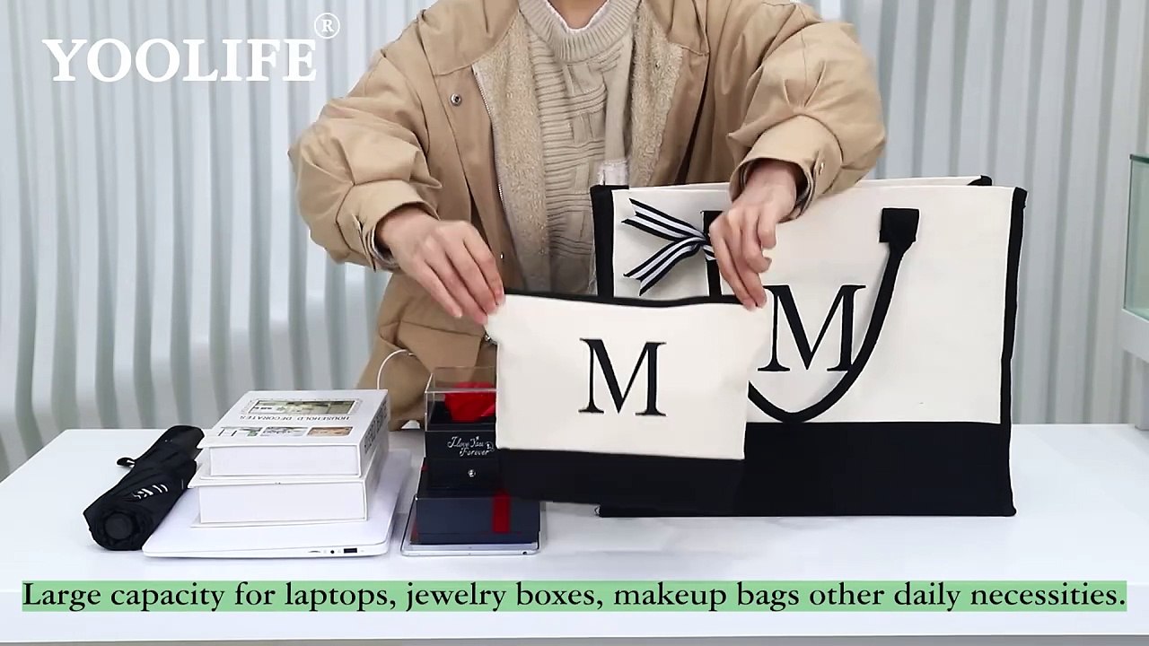 YOOLIFE Valentine's Day Gifts - Initial Canvas Tote Bag & Makeup Bag Personalized Birthday Gifts for Women Her